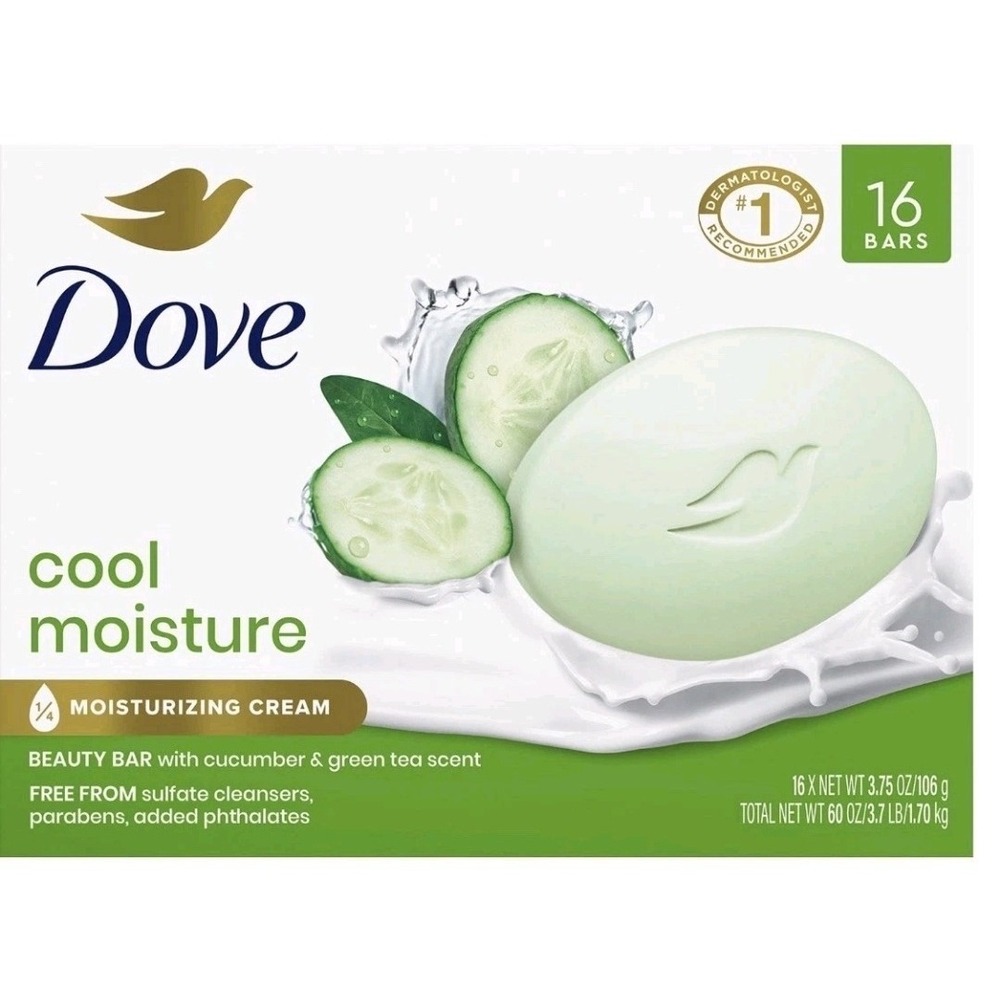 Dove Cool Moisture Beauty Bar Soap Cucumber Green Tea 16 Pack 3.75 oz Bulk